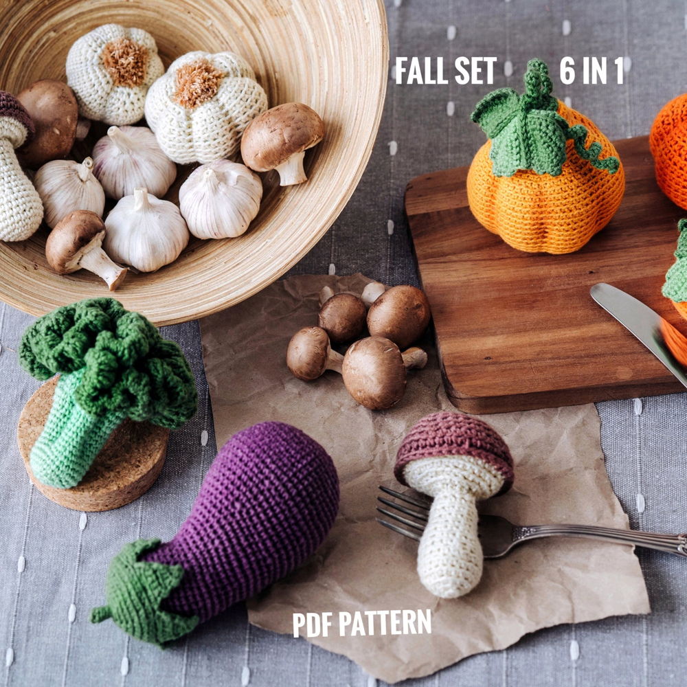 Haak GROENTEN patronen 6 in 1: champignons knoflook broccoli aubergine pompoenen. Amigurumi Eten Amigurumi Set Eten Haakpatroon