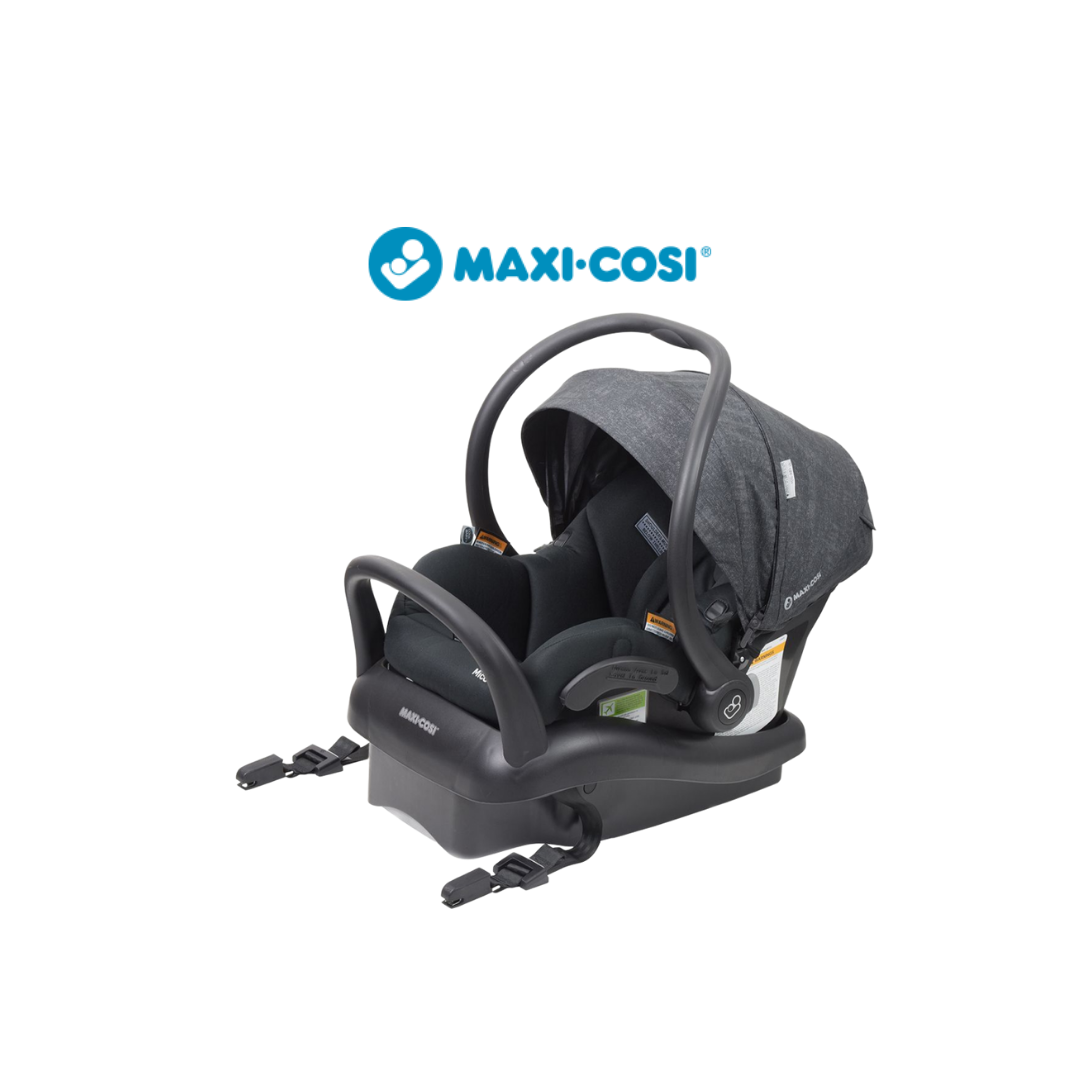 Circle shaped image showing the Maxi-Cosi Mico Plus Car Casule in Black with the Maxi-Cosi logo.