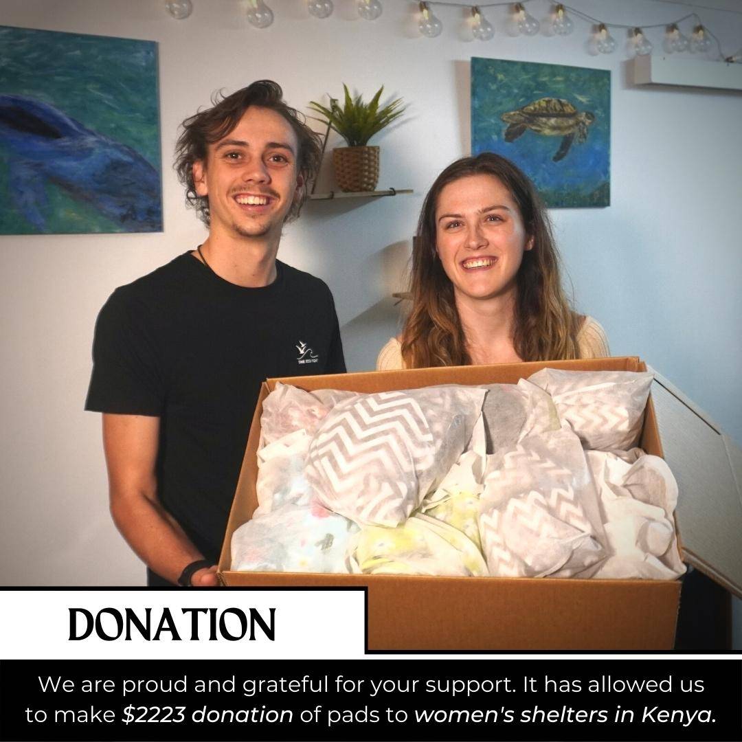 Flow Co.'s co-founders, Stacy English and Jackson Earngey, donating $2223 worth of reusable period pads to a women's shelter in Kenya