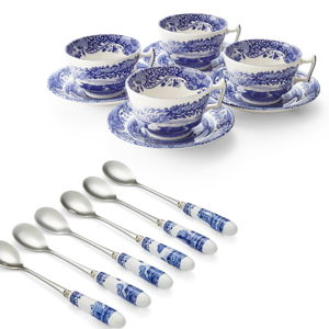 Blue Italian Set of 4 Teacup and Saucer & Free Teaspoon Set