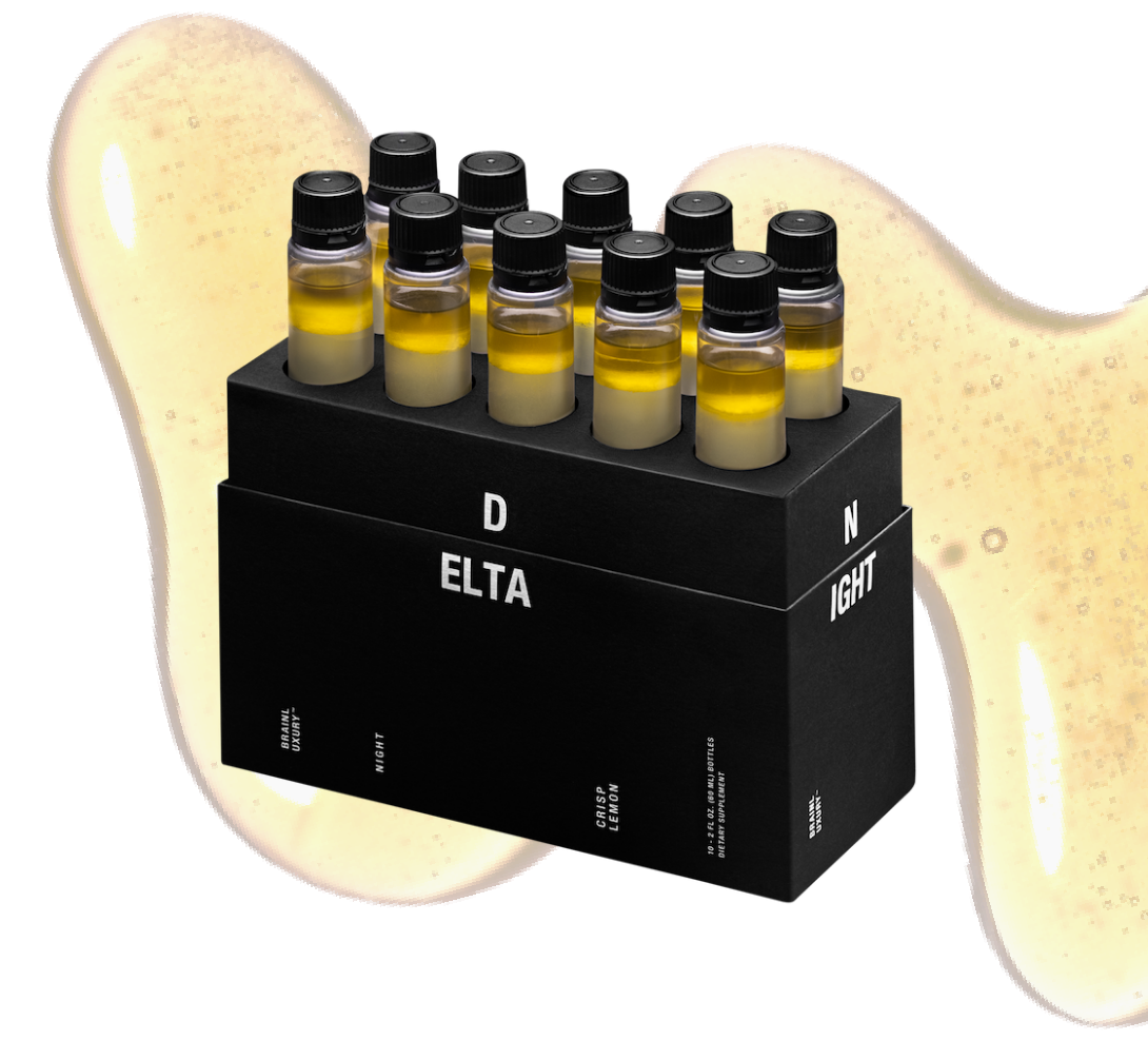 10 Box of DELTA BrainLuxury superimposed over a close-up droplet of the liquid