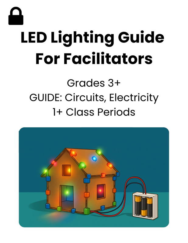 Image of a cardboard house lit with colorful LED bulbs connected to a battery pack, demonstrating a hands-on 3DuxDesign STEM activity for teaching circuits electricity and engineering concepts. Ideal for facilitators and classroom teachers introducing foundational electronics through creative building and project-based learning for grades 3 and up.