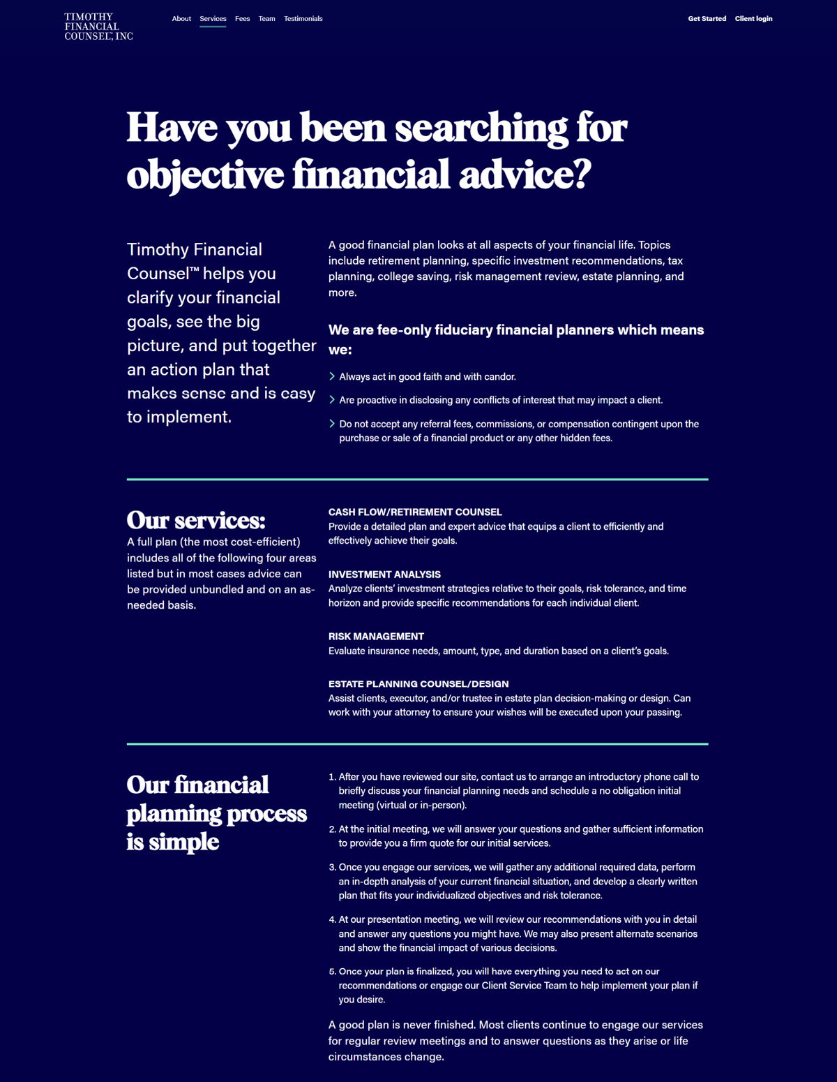 Screenshot of Timothy Financial, from the service page design examples collection.