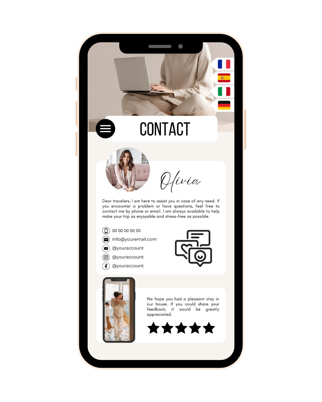 Editable Airbnb Welcome Book on smartphone screen, guest information guide template