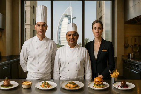 Two chefs and a service staff member stand in a kitchen with the Dubai skyline and Burj Al Arab in the background, in front of a counter displaying various gourmet dishes.