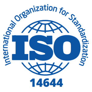 Logo for the International Organization for Standardization (ISO) with a globe in the background, “ISO” in bold blue text, and the number “14644” below.