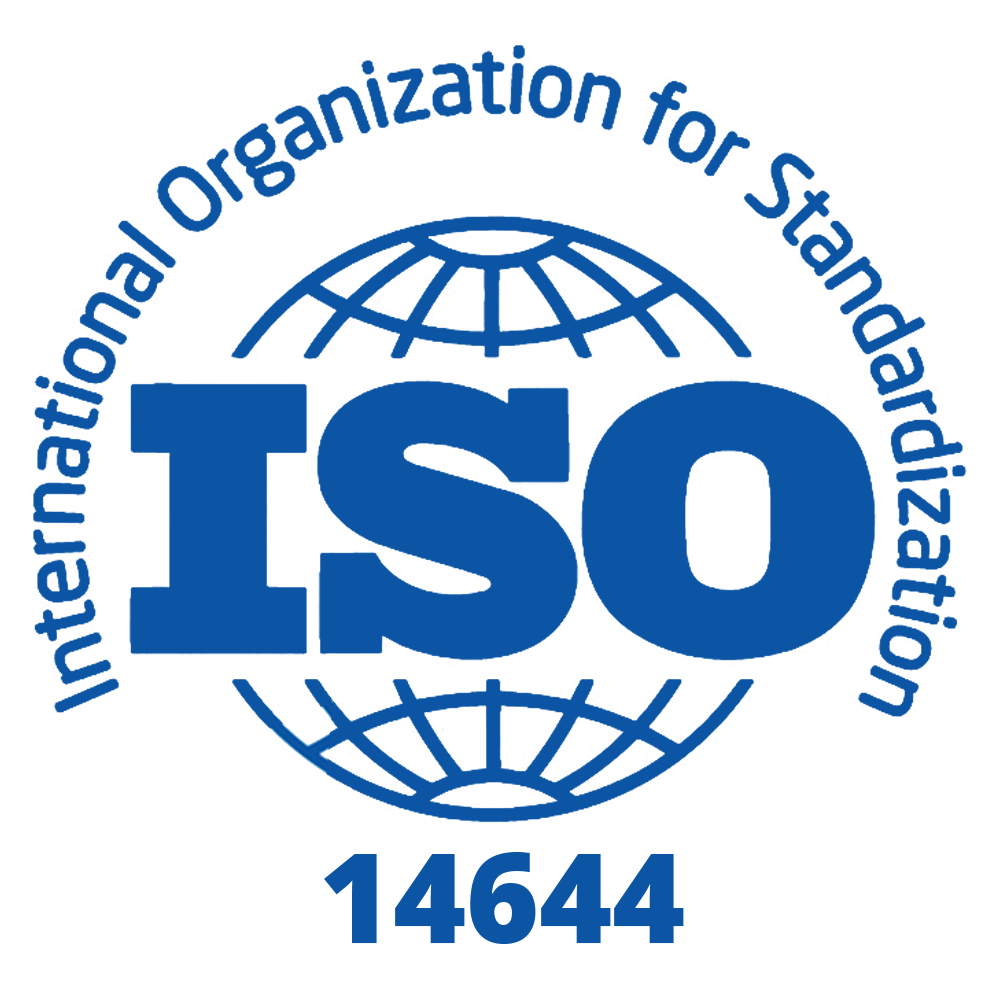 Logo for the International Organization for Standardization (ISO) with a globe in the background, “ISO” in bold blue text, and the number “14644” below.