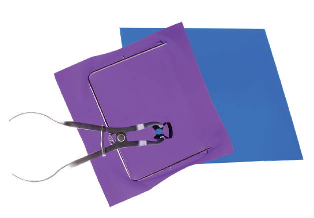 True Dental Dam in blue and purple and forceps