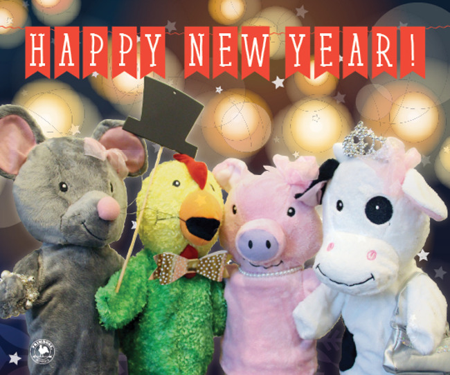 Four primrose puppet characters under banner reading: Happy New Year
