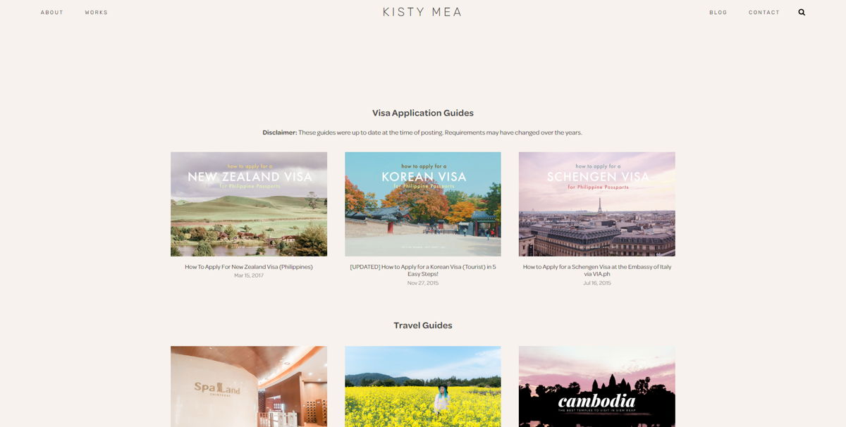 Screenshot of Kisty Mea, from the squarespace blog examples collection.