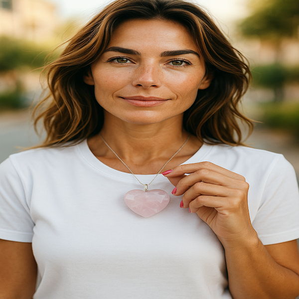 Rose Quartz Heart Crystal Pendant - Includes Leather Band