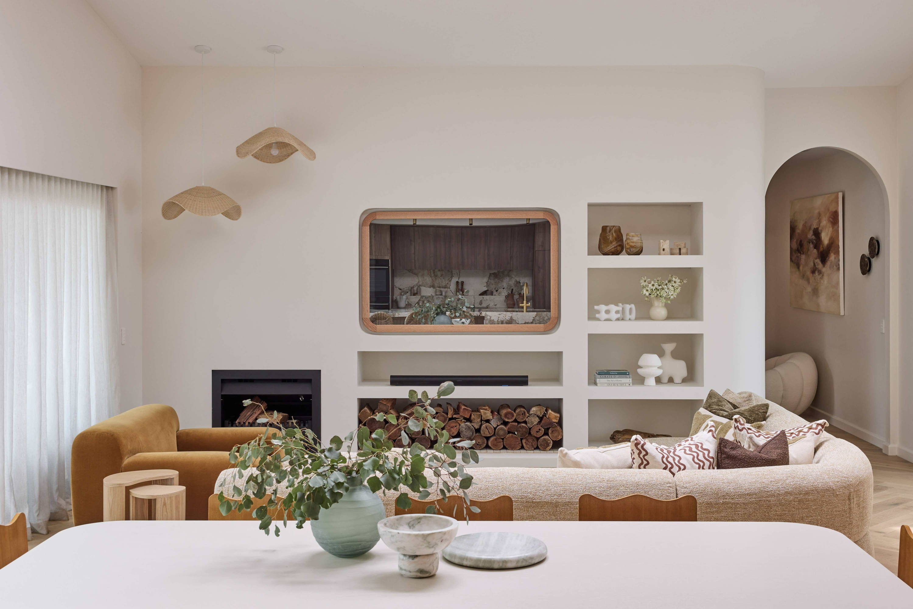 Contemporary Curve TV-Mirror by FRAMING TO A T - As seen on The Block in Courtney and Grant's Living and Dining Room, this Danish-inspired light oak timber framed TV Mirror features contemporary curved corners.