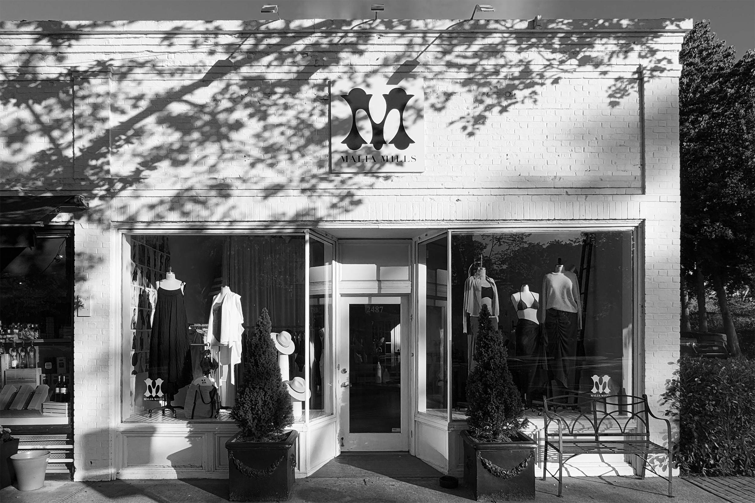 Exterior of the Malia Mills swimwear boutique at the Brentwood Country Mart in Los Angeles