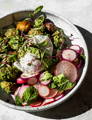 Poached Egg with Pesto Potatoes & Radish Salad