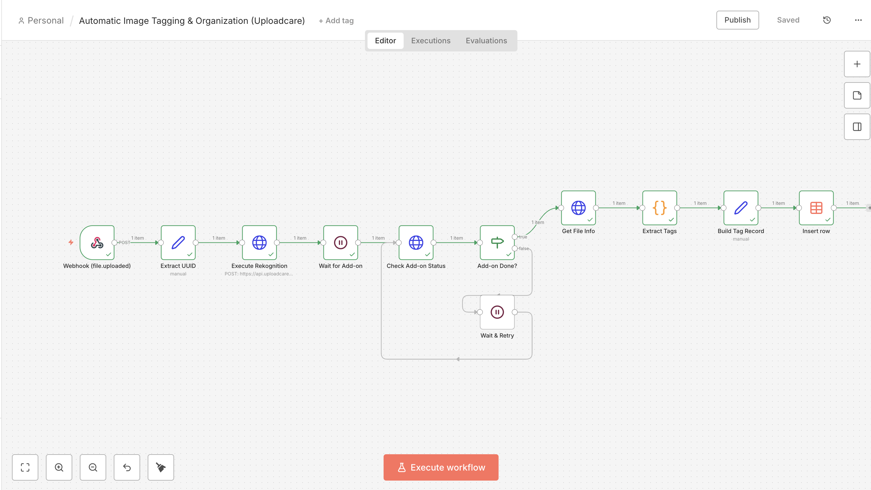 The n8n workflow for auto-tagging images with Uploadcare’s Object Recognition add-on