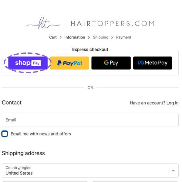 cart screen on Hairtoppers.com