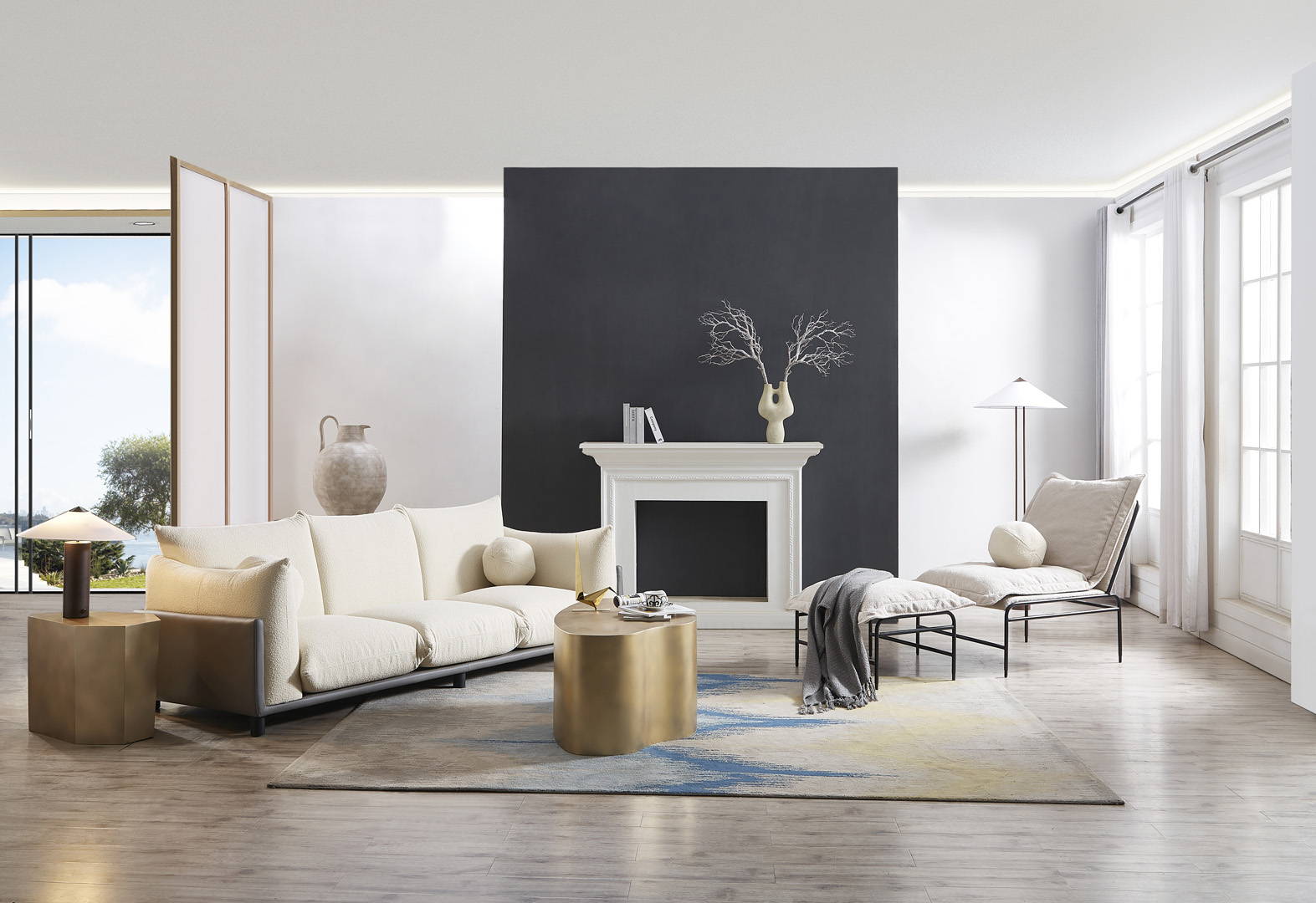 a living room set with a sofa, ottoman, side table and lamp