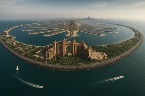 Aerial view of the artificial Palm Jumeirah island in Dubai, featuring the iconic Atlantis hotel on the crescent breakwater and the city skyline in the distance, with boats on the water.