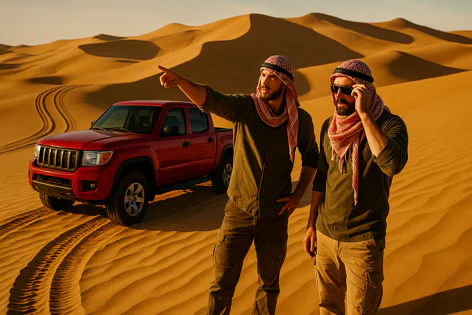 Two men in keffiyehs stand by a red pickup truck on sand dunes at sunset. One points towards the distant horizon. Tire tracks are visible in the sand.