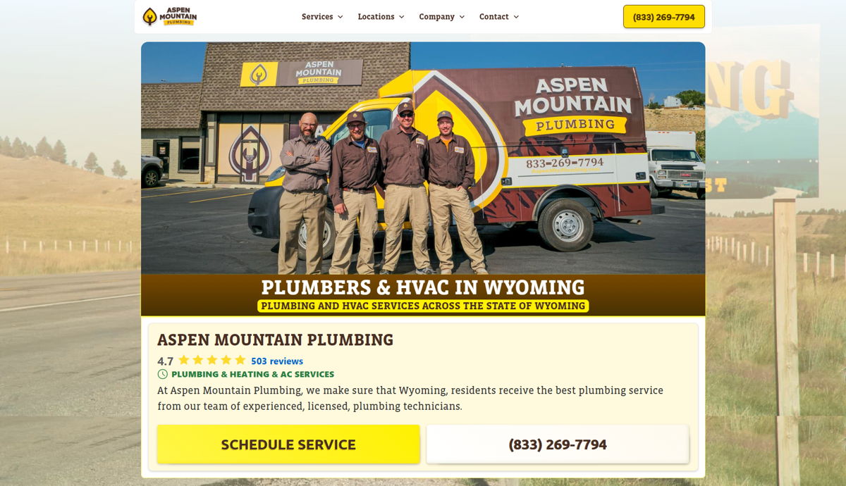 Screenshot of Aspen Mountain Plumbing, from the website hero section designs collection.