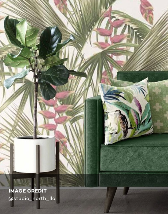Cream & Green Vintage Palm Tropical Wallpaper customer install