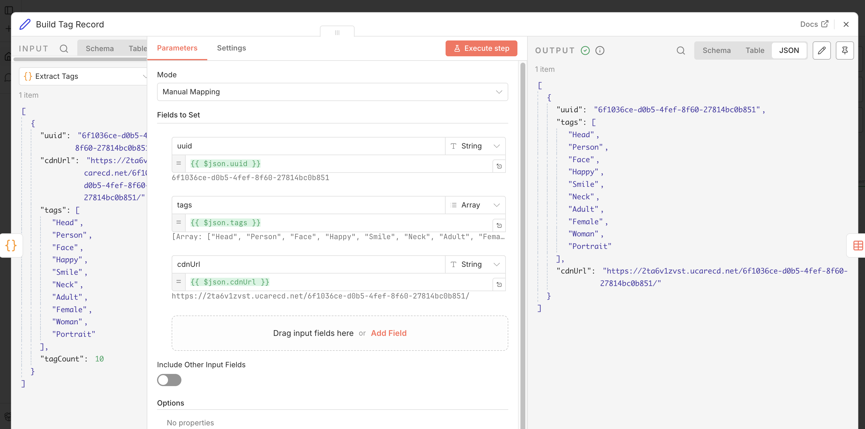 n8n Set node assembling the uuid, cdnUrl, and tags record