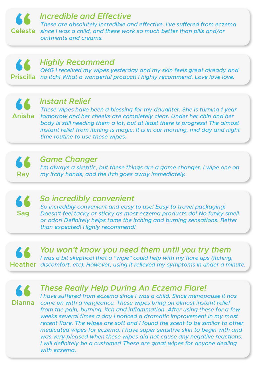 Amazing feedback from happy customers using Eczema Flare Wipes.