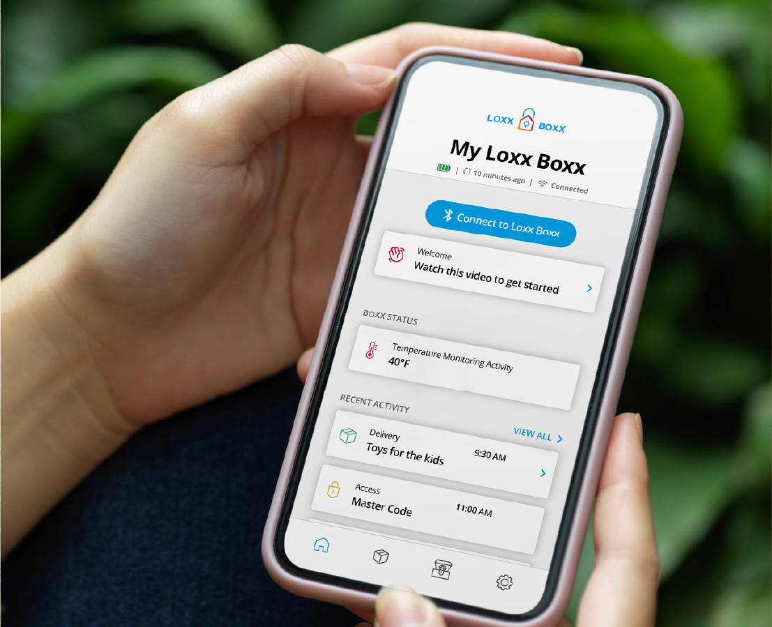 My loxx boxx app showing that the phone is connected to the loxxboxx. Other features like a getting started video, temperature monitoring, and recent activity and deliveries are shown as well