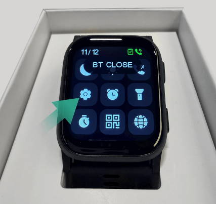 Schnellmenü der Wellue Blutdruckuhr, das zeigt, wie man durch Herunterwischen die Einstellungen für Blutdruck und Überwachungsoptionen öffnet.