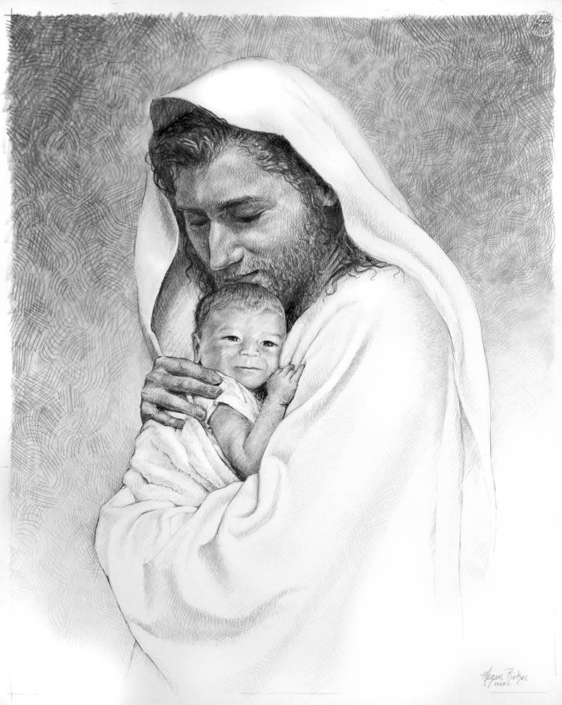 Drawing of Jesus holding an infant. 