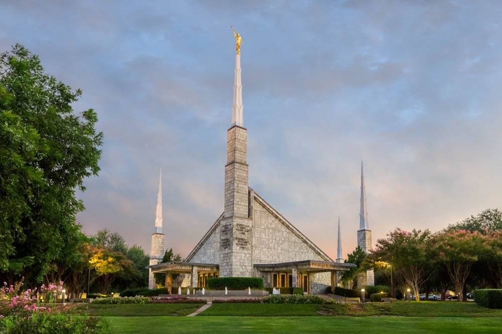 Photo of the LDS Dallas Temple and grounds on a clear morning.