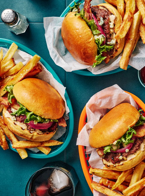 Veal Burgers with Dates, Bacon and Chipotle Blue Cheese Sauce