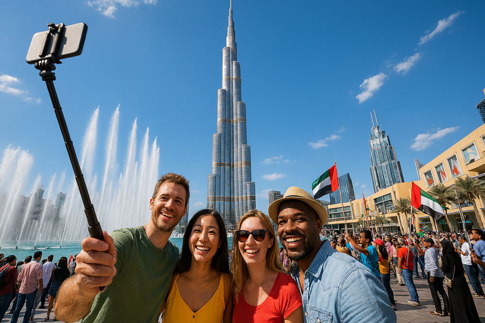 Four smiling friends take a selfie in front of the Burj Khalifa and Dubai Fountain, with a large crowd and UAE flags in the background.