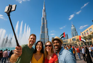 Four smiling friends take a selfie in front of the Burj Khalifa and Dubai Fountain, with a large crowd and UAE flags in the background.