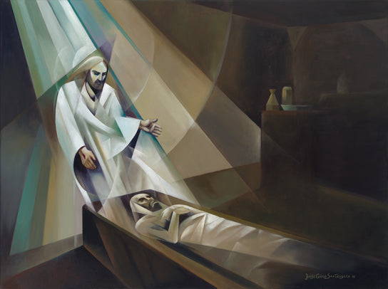 Cubism style paitning of Jesus' spirit descending and reentering His body in the tomb. 