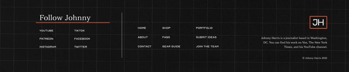 Screenshot of Johnny Harris, from the website footer designs collection.
