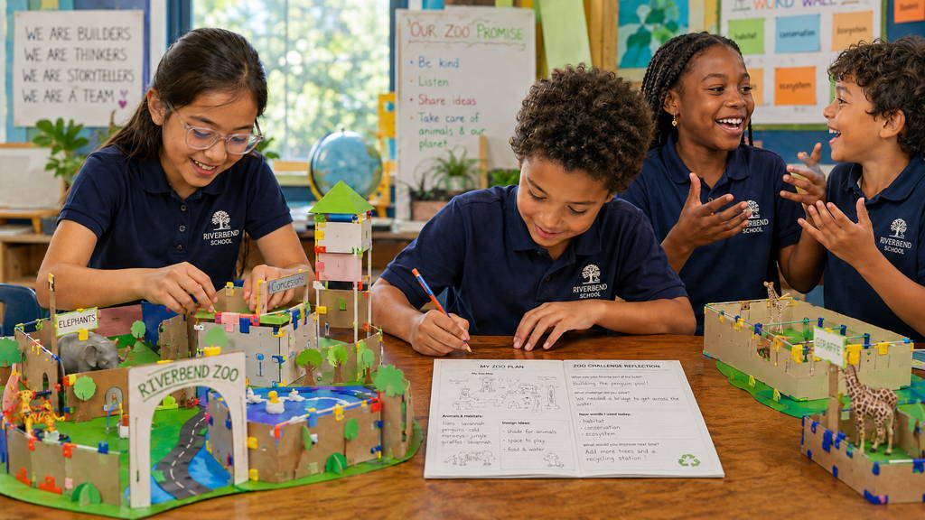 kids building a zoo and writing a report on it