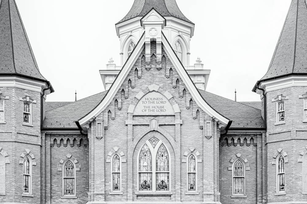 Black and white, up-close photo of the Provo City Center Temple.