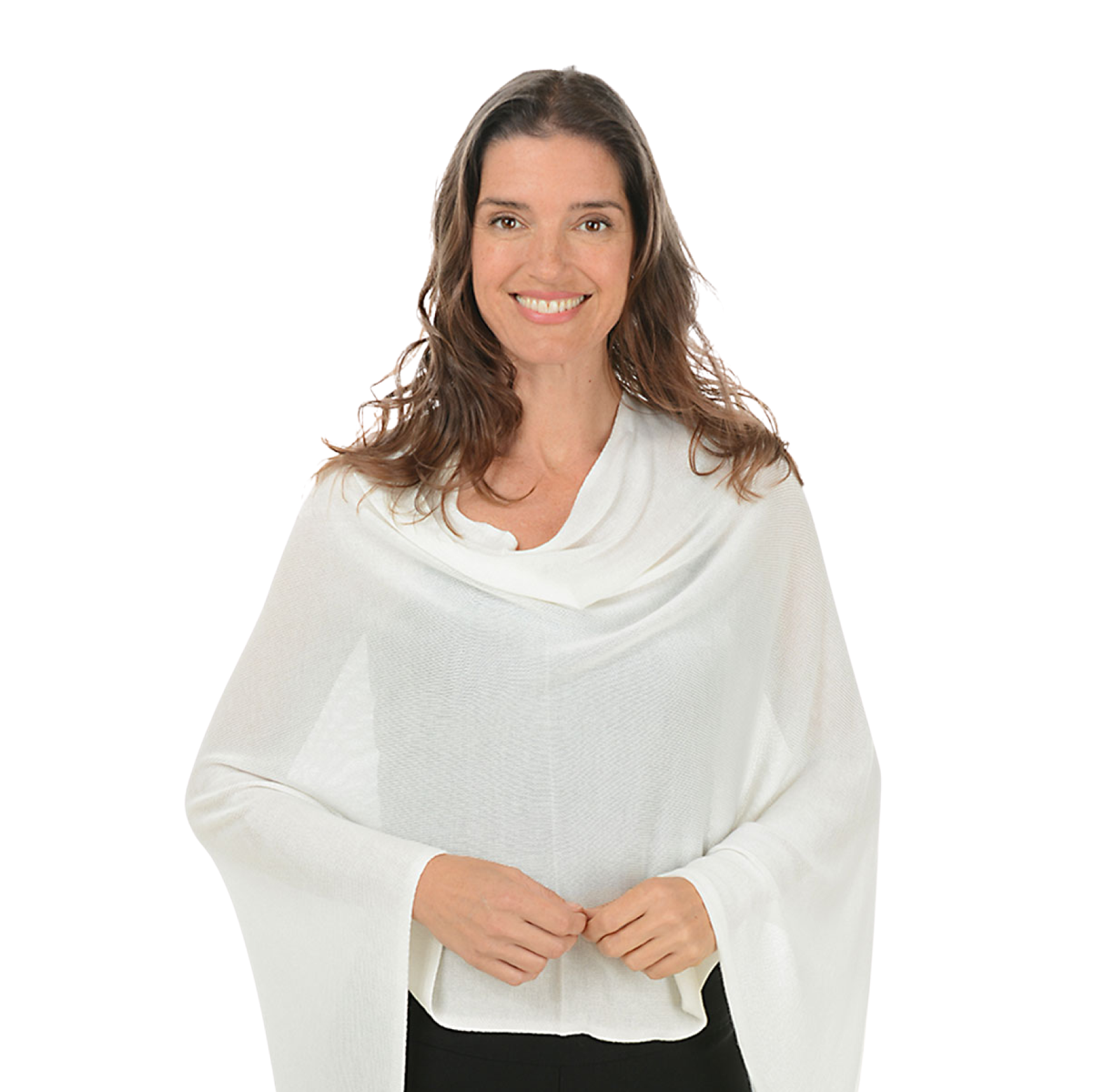 A women wears a white bamboo poncho.