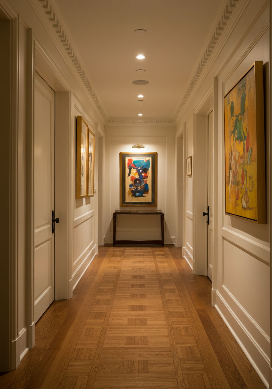 A hallway in a Gold Coast residence with newly installed recessed lighting that brightens the previously dark corridor. The improved lighting showcases artwork and creates a welcoming transition between rooms—demonstrating how lighting can transform challenging spaces in older buildings.