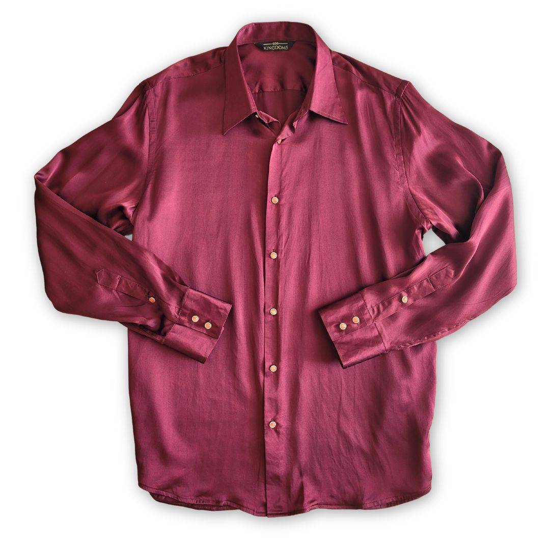 product photo of a mens burgundy long sleeve silk shirt from 1000 kingdoms