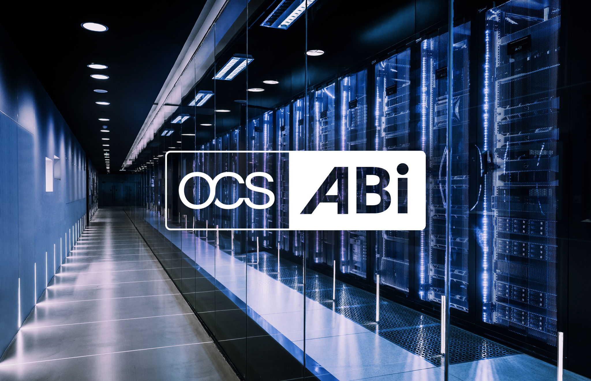 OCS ABi text laid over a blue-tinged image of a data centre pointing to the technology used in facilities management