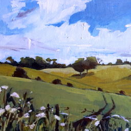 painting of trees in a field.