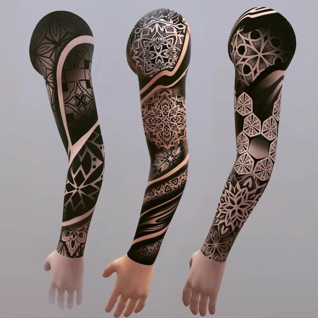 3 3D arms with full sleeve tattoos rendered