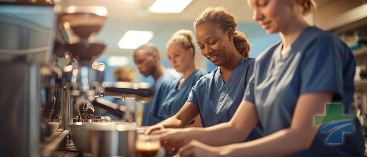 Nurses share a serene coffee-making ritual before dawn, finding peace together.