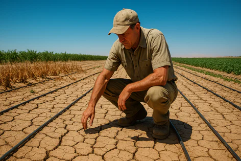 A farmer crouches in a dry, cracked field inspecting black drip irrigation lines between rows of withered and green crops under a clear sky.