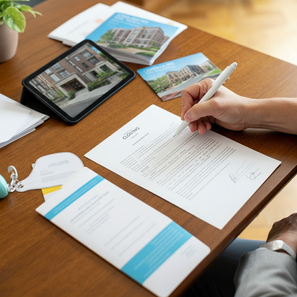 A digital closing process for an out-of-town buyer purchasing a Lincoln Park condominium. Documents are arranged for electronic signature on a desk with Chicago neighborhood guides, building information packets, and a tablet displaying property photos nearby, illustrating the modern remote buying experience.