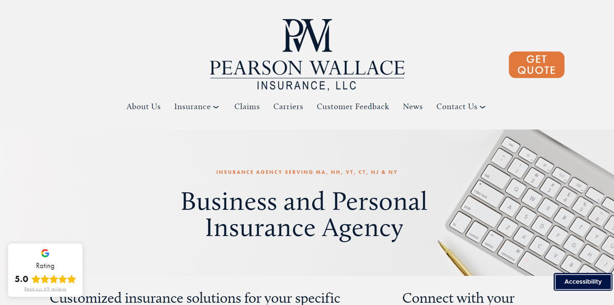 Screenshot of Pearson Wallace Insurance, LLC, from the insurance agent websites collection.