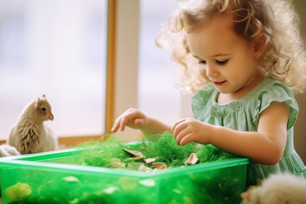 Little girl playing with grass-like felt material and leaves inside a sensory bin.