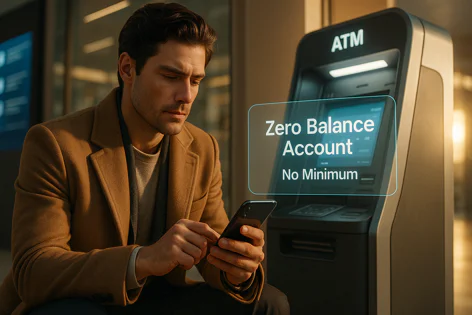 A man in a brown coat sits and uses his smartphone next to an ATM screen displaying "Zero Balance Account No Minimum".